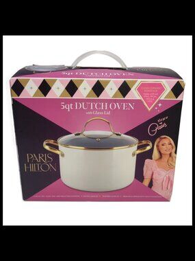 Paris Hilton 5qt Dutch Oven w/Glass Lid - Non-Stick Aluminum Pot - White/Gold